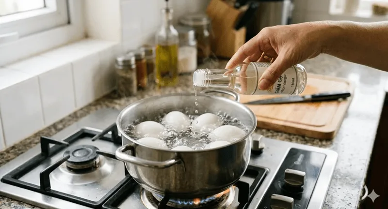 Thêm một chút muối hoặc giấm trắng vào nồi giúp vỏ trứng giòn mềm, dễ bóc.